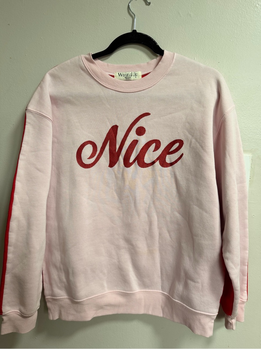 Wound Up Pink Crewneck Sweatshirt with Red 'Nice' Script